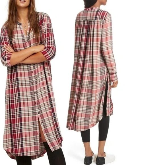 Free People Loralei Plaid Shirtdress Size Small Oversized Womens - Picture 3 of 12